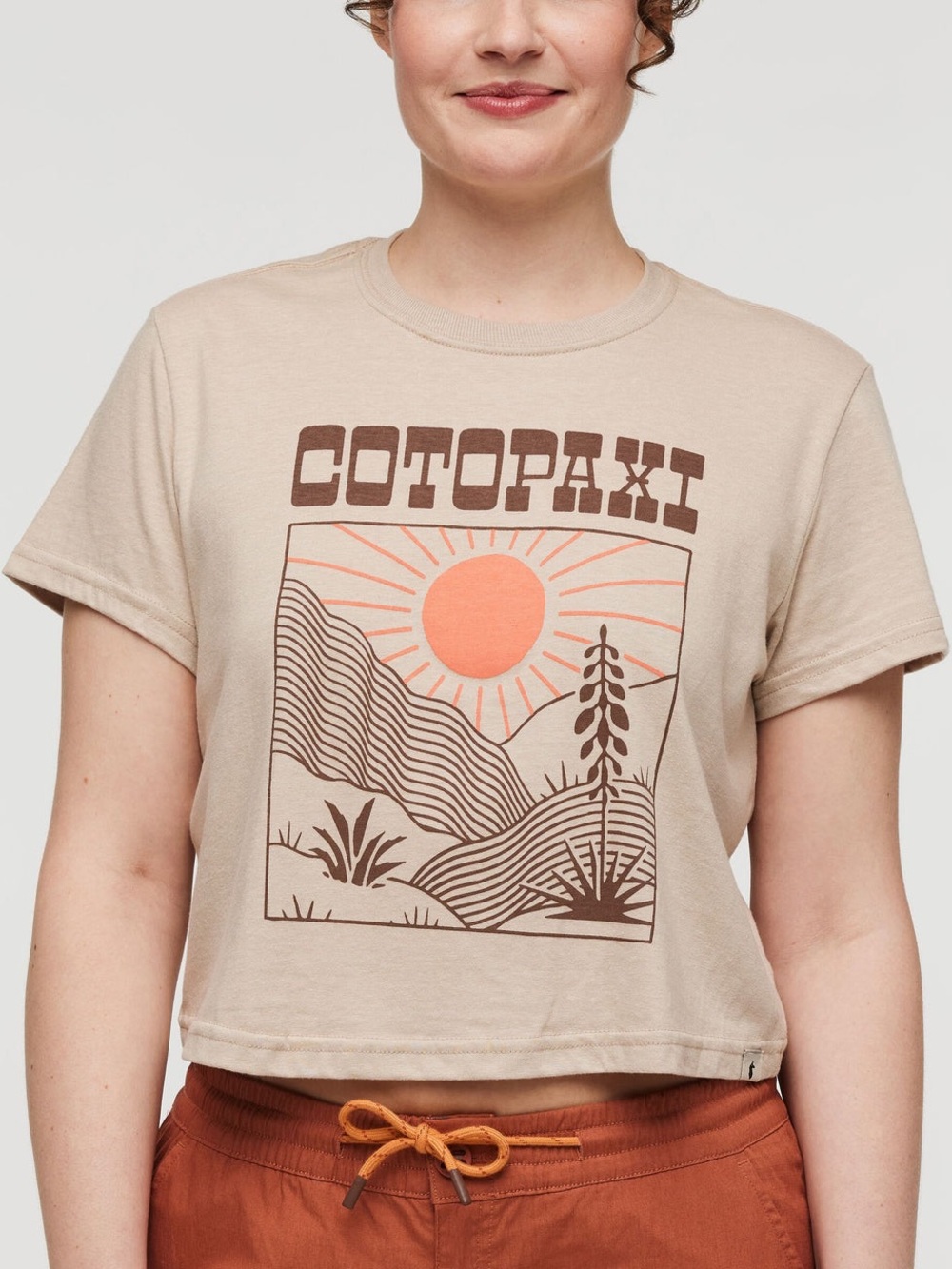 Cotopaxi Tan Women's T-Shirt Western Hills Crop Top Tee Small